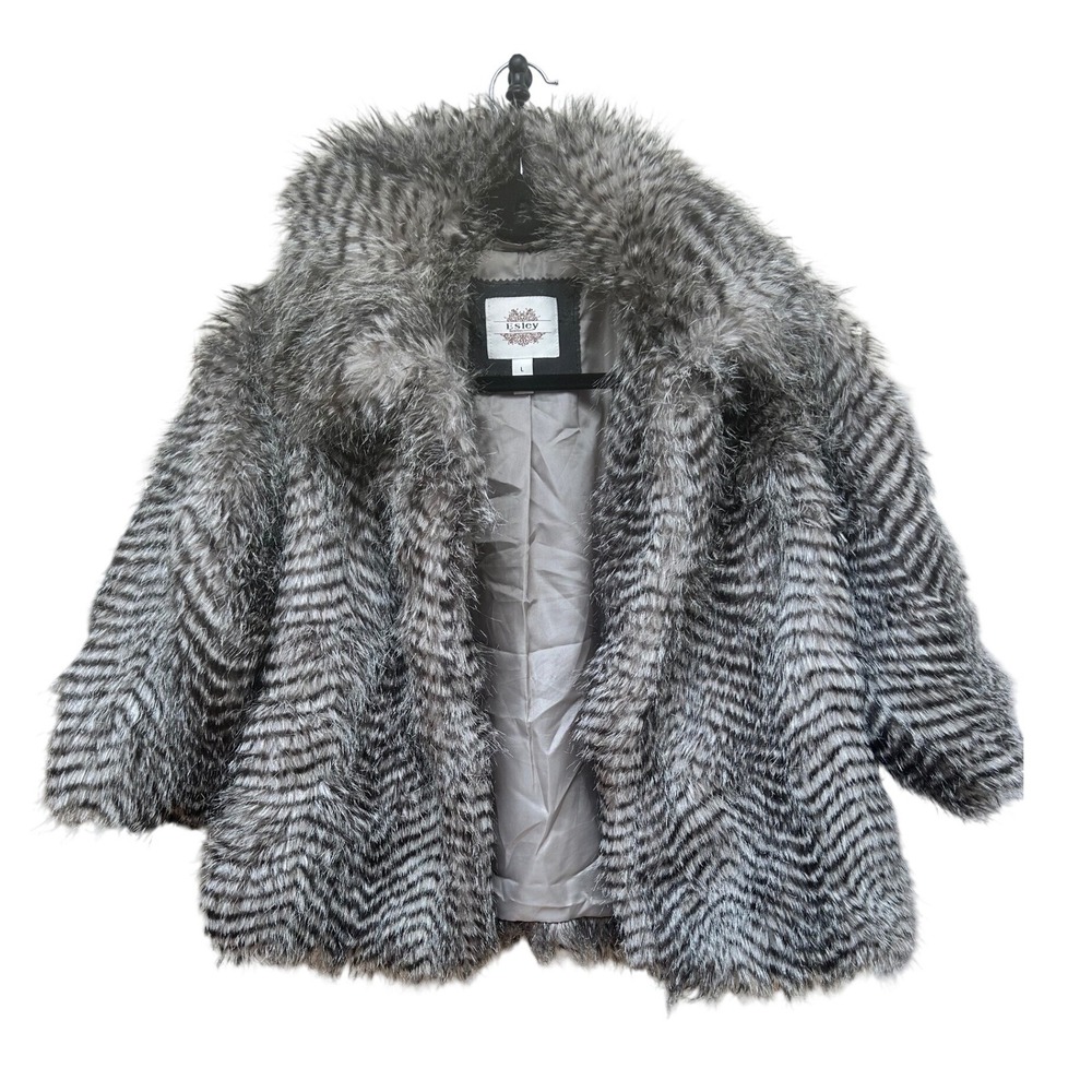 Esley Grey Faux Fur‎ Chevron Jacket Oversized Collar Cropped Coat SKY10124 L